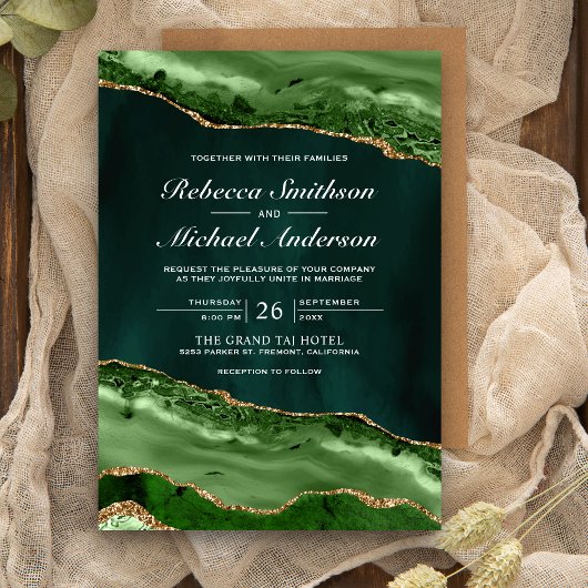 Invitation Emerald Green and Gold Agate Marble Wedding