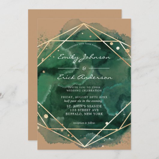 Invitation Emerald Green Aquarelle Or Tan Mariage (Devant / Derrière)