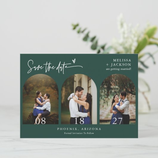 Invitation Emerald Green Arch Photo QR Code Enregistrer la da (Debout devant)