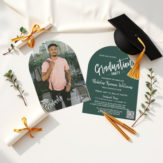 Invitation Emerald Green Arch Photo QR Code Grad Party