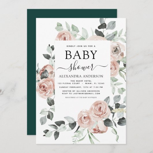 Invitation Emerald Green Baby shower Floral Vert (Devant / Derrière)