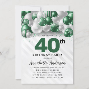 Invitation Emerald Green Balloon Parties scintillant 40e anni