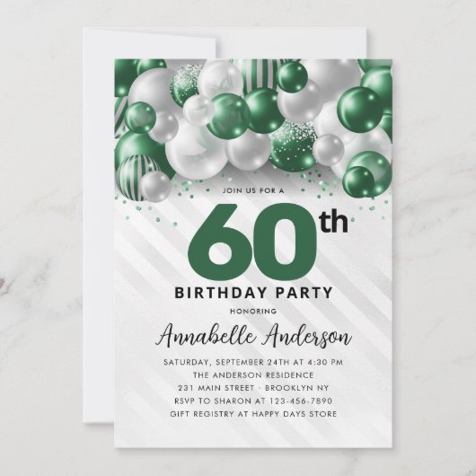 Invitation Emerald Green Balloon Parties scintillant 60e anni (Devant)