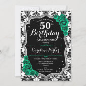 Invitation Emerald Green Black Damask Photo 50th Birthday (Devant)