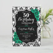 Invitation Emerald Green Black Damask Photo 50th Birthday (Debout devant)