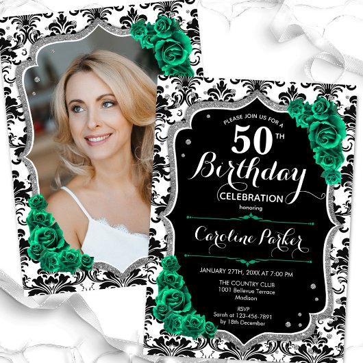Invitation Emerald Green Black Damask Photo 50th Birthday