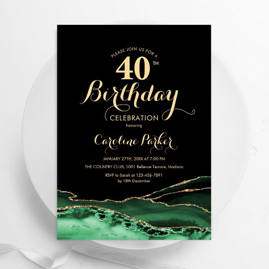 Invitation Emerald Green Black Gold Agate 40e anniversaire