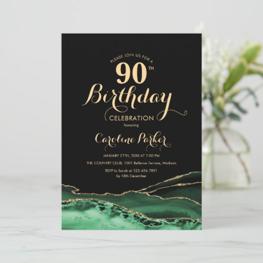 Invitation Emerald Green Black Gold Agate 90e anniversaire (Debout devant)