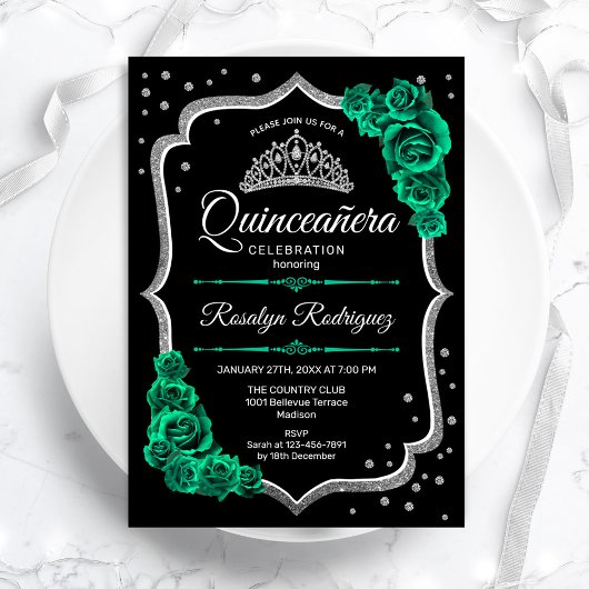 Invitation Emerald Green Black Silver Elegant Quinceanera