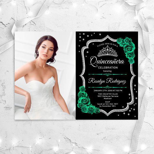 Invitation Emerald Green Black Silver Photo Quinceanera