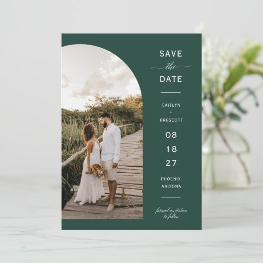 Invitation Emerald Green Boho Arc Photo QR Code Enregistrer l (Debout devant)