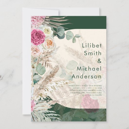 Invitation Emerald Green BOHO Floral rose Mariage (Devant)