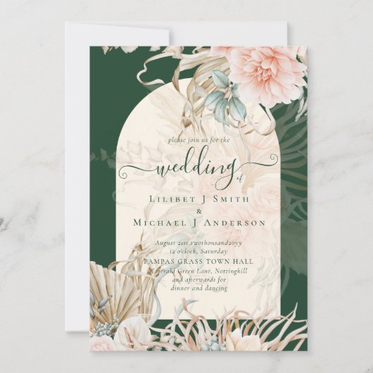 Invitation Emerald Green BOHO Peach Pampas Grass Mariage (Devant)
