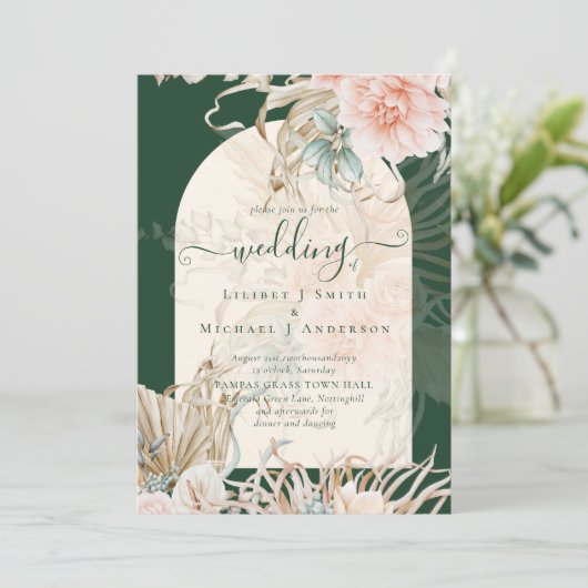 Invitation Emerald Green BOHO Peach Pampas Grass Mariage (Debout devant)