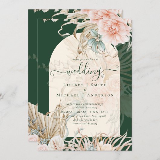 Invitation Emerald Green BOHO Peach Pampas Grass Mariage (Devant / Derrière)