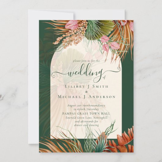 Invitation Emerald Green Boho Tropical Pampas Grass Mariage (Devant)