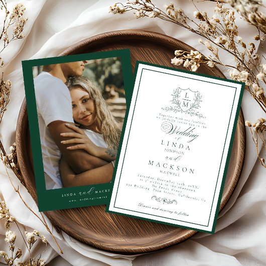 Invitation Emerald Green botanical crest monogram wedding