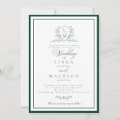 Invitation Emerald Green botanical crest monogram wedding (Devant)