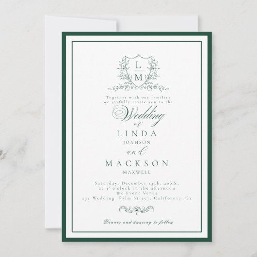 Invitation Emerald Green botanical crest monogram wedding (Devant)