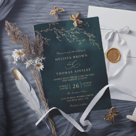 Invitation Emerald Green Botanical Elegant QR Code Wedding