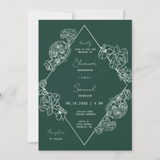 Invitation Emerald Green Botanical Line Art Boho QR Code (Devant)