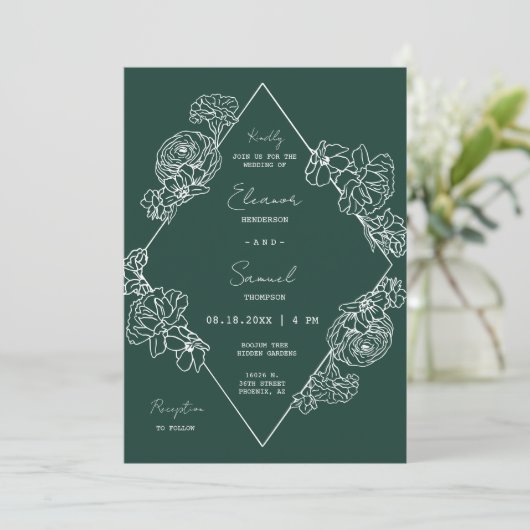 Invitation Emerald Green Botanical Line Art Boho QR Code (Debout devant)