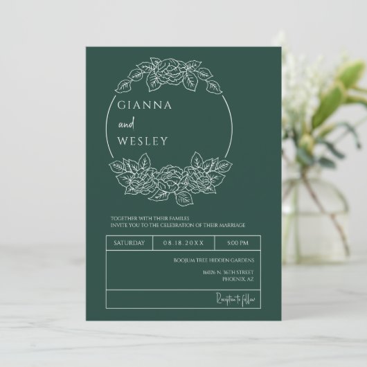 Invitation Emerald Green Botanical Line Art QR Code Photo (Debout devant)