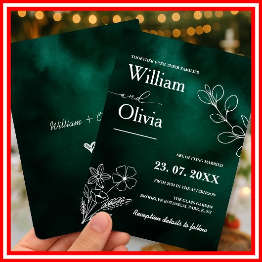 Invitation Emerald Green Botanical Wildflowers Floral Wedding