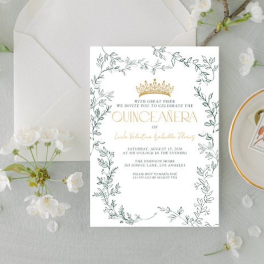 Invitation Emerald Green Botanique Floral Quinceañera