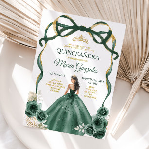 Invitation Emerald Green Bow Princess Gold Crown Quinceañera