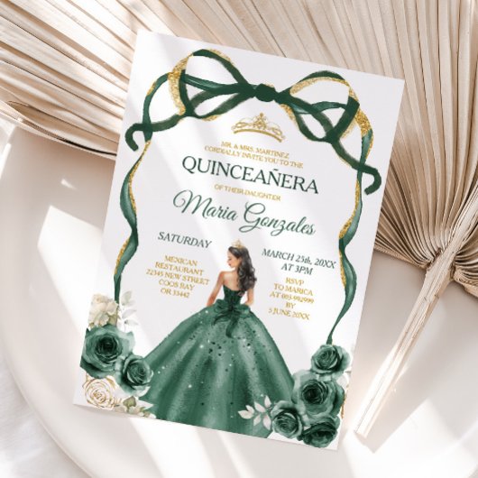 Invitation Emerald Green Bow Princess Gold Crown Quinceañera
