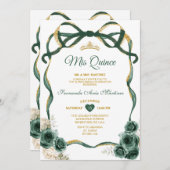 Invitation Emerald Green Bow Ribbon Gold Mis Quince (Devant / Derrière)