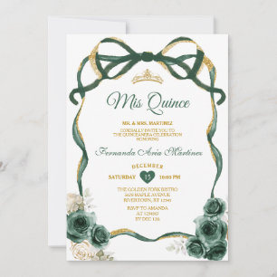 Invitation Emerald Green Bow Ribbon Gold Mis Quince