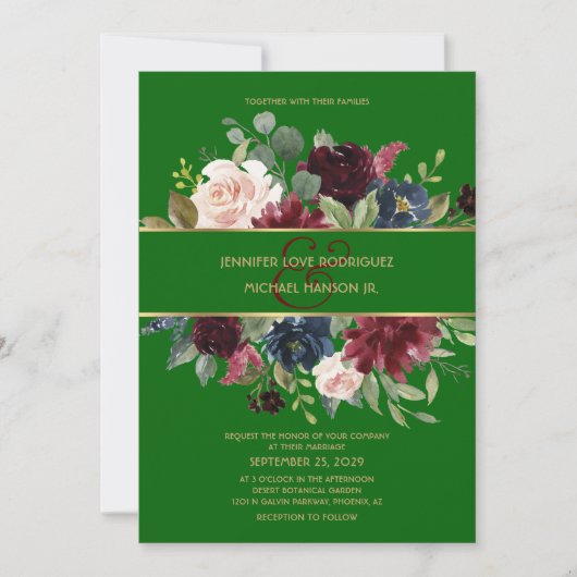 Invitation Emerald Green Burgundy Navy Gold Floral Boho Invit (Devant)