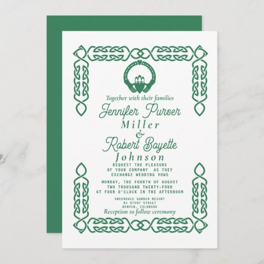 Invitation Emerald Green Celtic Knot Claddagh (Devant / Derrière)