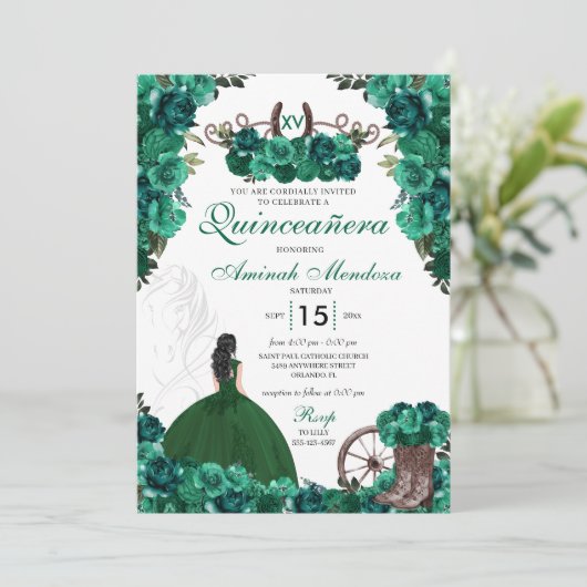 Invitation Emerald Green Charra Bottes florales Quinceañera (Debout devant)