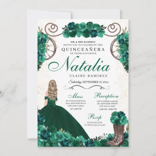 Invitation Emerald Green Charra Princess Quinceanera (Devant)