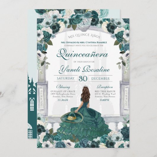 Invitation Emerald Green Charro Élégante princesse Quinceaner (Devant / Derrière)