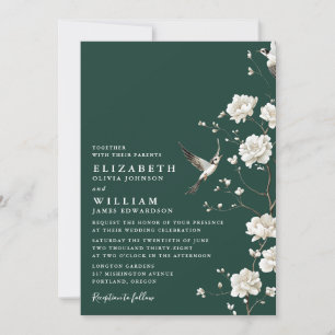 Invitation Emerald Green Chinoiserie Floral QR Code Mariage