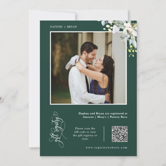 Invitation Emerald Green Couples Feuilles Douche QR Code Phot (Dos)
