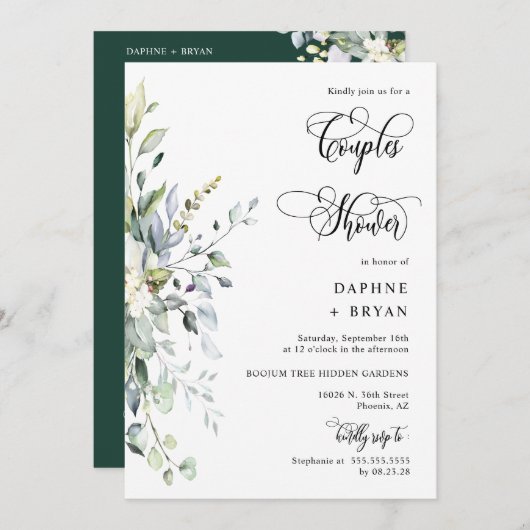 Invitation Emerald Green Couples Feuilles Douche QR Code Phot (Devant / Derrière)