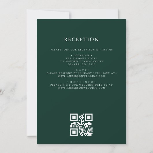 Invitation Emerald Green Crest Monogram Mariage QR Code (Dos)