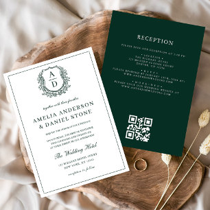 Invitation Emerald Green Crest Monogram Mariage QR Code