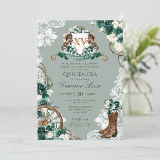 Invitation Emerald Green Crest Western Charro Quinceanera (Debout devant)