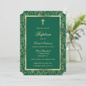 Invitation Emerald Green Cross Script Verdure Baptême (Debout devant)