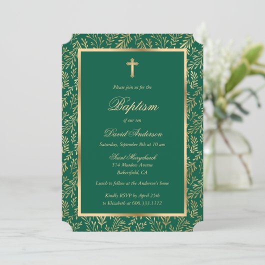 Invitation Emerald Green Cross Script Verdure Baptême (Debout devant)