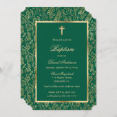 Invitation Emerald Green Cross Script Verdure Baptême (Devant / Derrière)