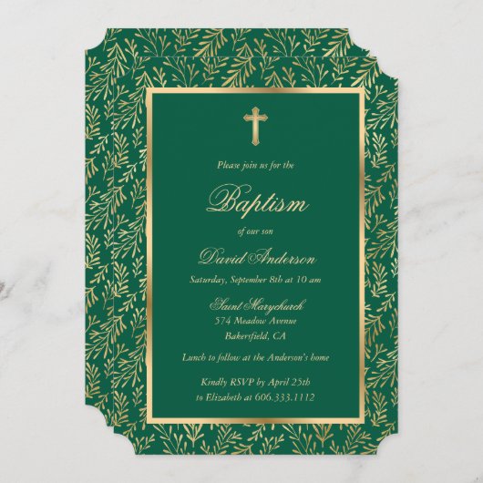 Invitation Emerald Green Cross Script Verdure Baptême (Devant / Derrière)