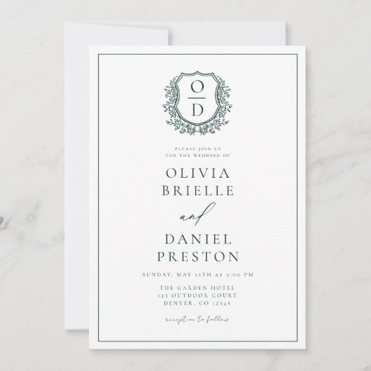 Invitation Emerald Green Elegant Crest Monogram Mariage (Devant)