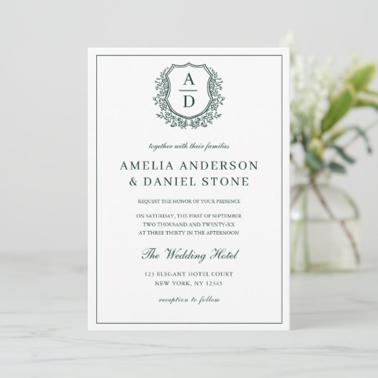 Invitation Emerald Green Elegant Crest Monogram Mariage (Debout devant)